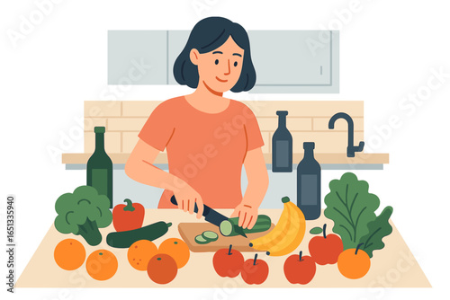 Vector illustration of a woman preparing a fruit salad in her home kitchen