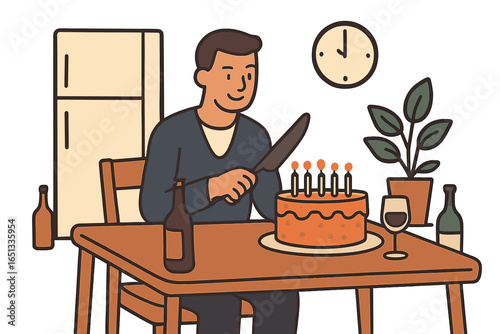Male character baking cake in kitchen for dessert preparation in a cooking at home scene, depicted as a flat vector illustration of a man cooking