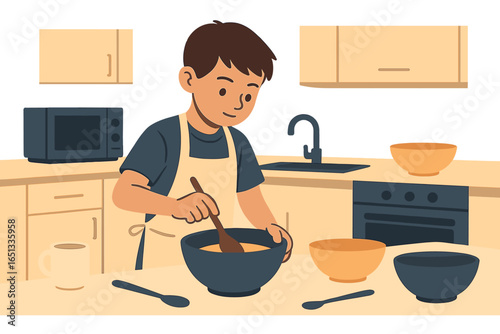 Cartoon illustration of a boy chef cooking a delicious meal in his kitchen at home