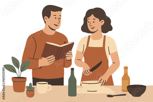 Vector illustration of a young couple cooking a new dish together in their flat, depicted in a cartoon yellow concept design with a people scene at home