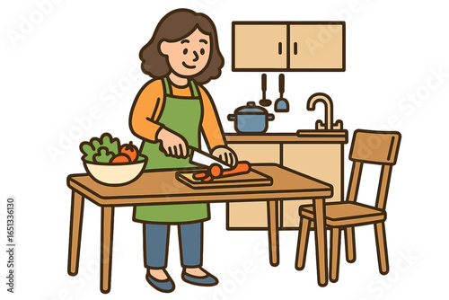 A continuous line drawing depicts a little girl stretching dough with a rolling pin, as kids engage in making homemade bakery in the kitchen and doing household chores at home in a vector graphic
