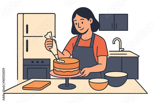 joyful female baking delicious dessert in domestic online culinary idea contemporary kitchen design internet browser window horizontal portrait vector graphic