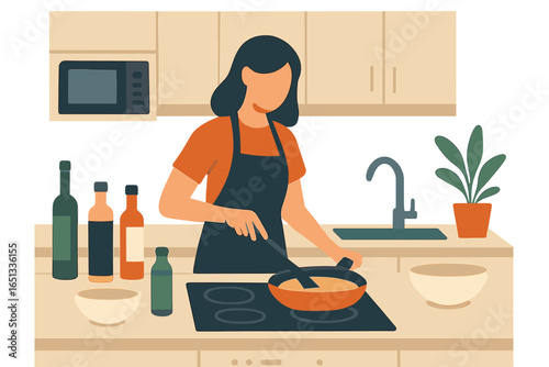 Modern kitchen interior horizontal full length vector illustration of a happy man preparing healthy food at home in a cooking concept