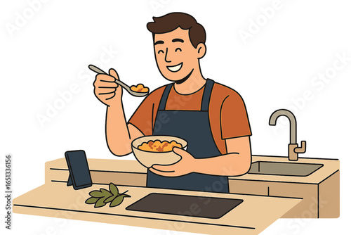 A young African-American man happily prepares a meal at home, seasoning food in a wok as part of his household responsibilities as a stay-at-home dad, depicted in a vector illustration