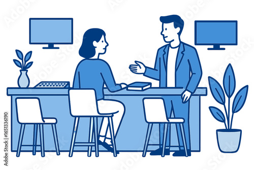 Man preparing dinner while conversing with a woman in a couple, as they cook food together in their modern home kitchen, depicted in a sketch doodle with a horizontal orientation