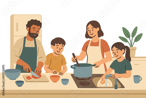 Cartoon flat vector illustration of a family, including a man, woman, and son, performing household chores and baking cookies at home, isolated on a white background with a template and layout