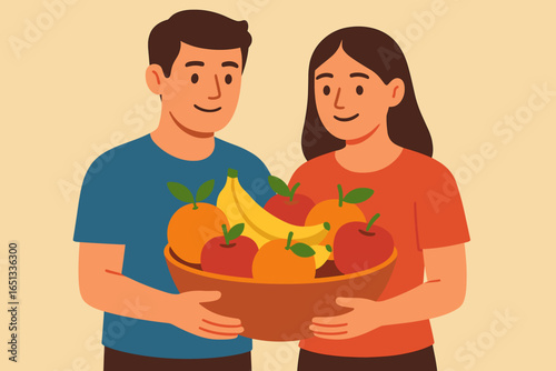 Concept of healthy eating, cooking vegetarian food and dieting, depicted by tiny people consuming berries and preparing homemade fruit jam