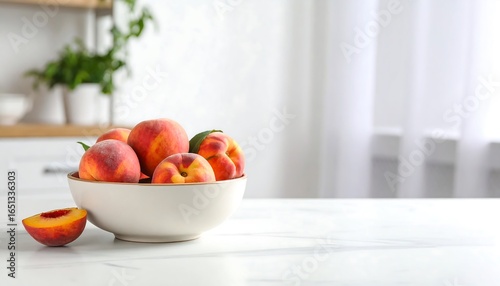 Juicy Peaches in Kitchen Bowl.