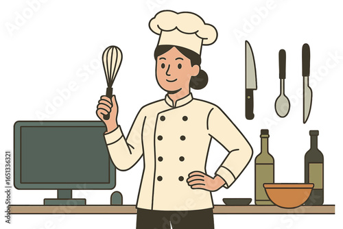 Vector illustration of a chef preparing a strawberry sponge roll in a kitchen with baking ingredients, presented in a step-by-step online recipe format reminiscent of a traditional cooking TV show