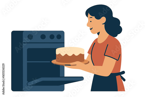 A woman inspects a cake in the oven as she bakes in her contemporary home kitchen