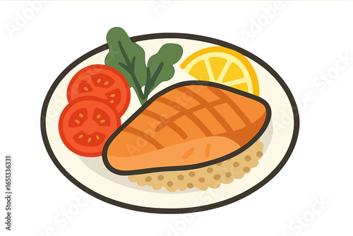 A nutritious salmon meal featuring fresh vegetables, rice, and lime, presented on a plate and suitable for a healthy dining experience whether at a restaurant or in the comfort of one's own home