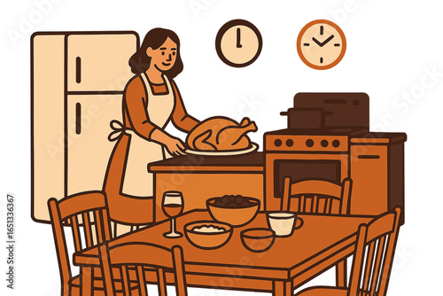 A woman is preparing a classic Thanksgiving meal in the comfort of her own home for her family's holiday celebration