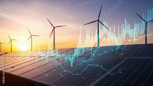 Wind turbines and solar panels generate clean energy Economic growth is graphically represented against the sunset sky promoting sustainable power and future prosperity