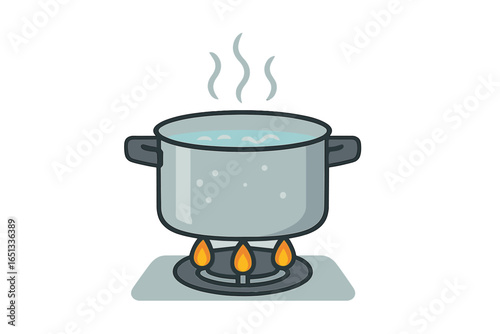 Flat vector illustration of a hot frying pan on a gas stove for cooking dinner at home