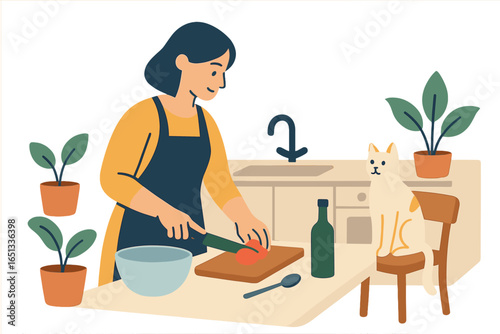 A cheerful woman is preparing a healthy vegetarian salad in her kitchen, depicted in a flat vector illustration as she mixes vegetables in a bowl against a white background