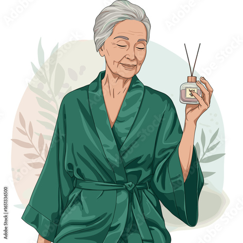 Elderly woman in green robe enjoying aroma diffuser at home  