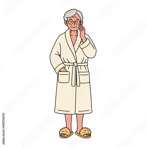 Elderly man standing in bathrobe and slippers at home  