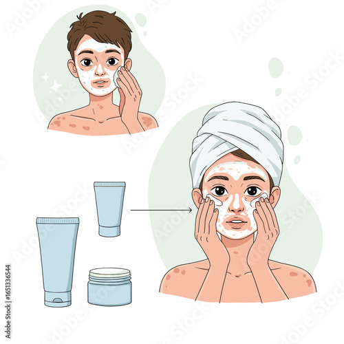 Young man applying facial cleanser with products in bathroom  