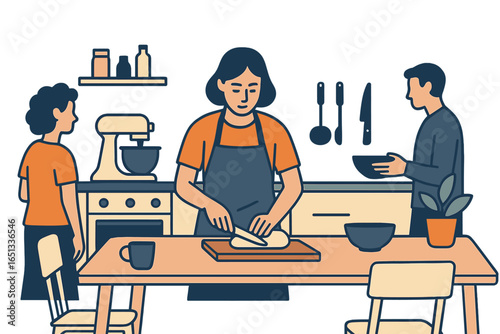 Illustration of a woman baking dessert at home with a mixer in a kitchen setting