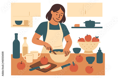 A woman prepares various meals in the kitchen, emphasizing the importance of practicing cooking, enjoying food and drinks, and prioritizing self-isolation and quarantine at home for safety during the