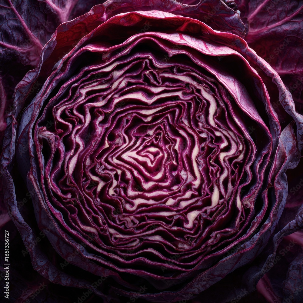 Obraz premium Sliced Red Cabbage Close-up. Fresh vegetable texture for food blogs and ads