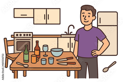 Vector cartoon illustration depicting a man preparing a meal in his modern kitchen at home, surrounded by breakfast ingredients, an oil bottle, and seasoning packages as he cooks for his family