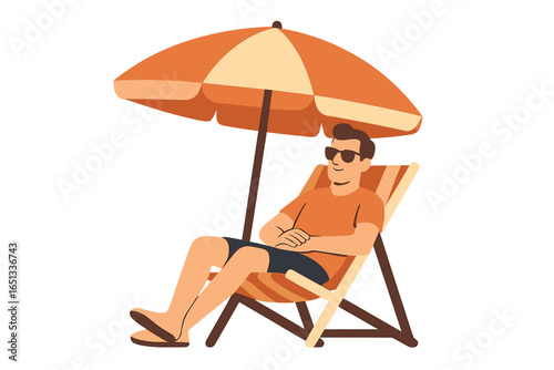 A calm individual lounges in a deckchair beneath a sun umbrella on a bright sunny day