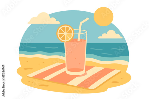A revitalizing summer beverage in a tall glass with lemon and a straw, positioned on a wooden surface near the beach, embodying a lively coastal ambiance