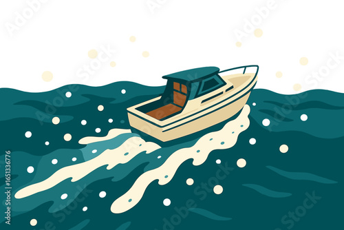 Ocean blue sea sand beach with clouds and white airplane flying alongside speed boat on a travel route over floating water with transport path and shadow of fish whale underwater in summer season