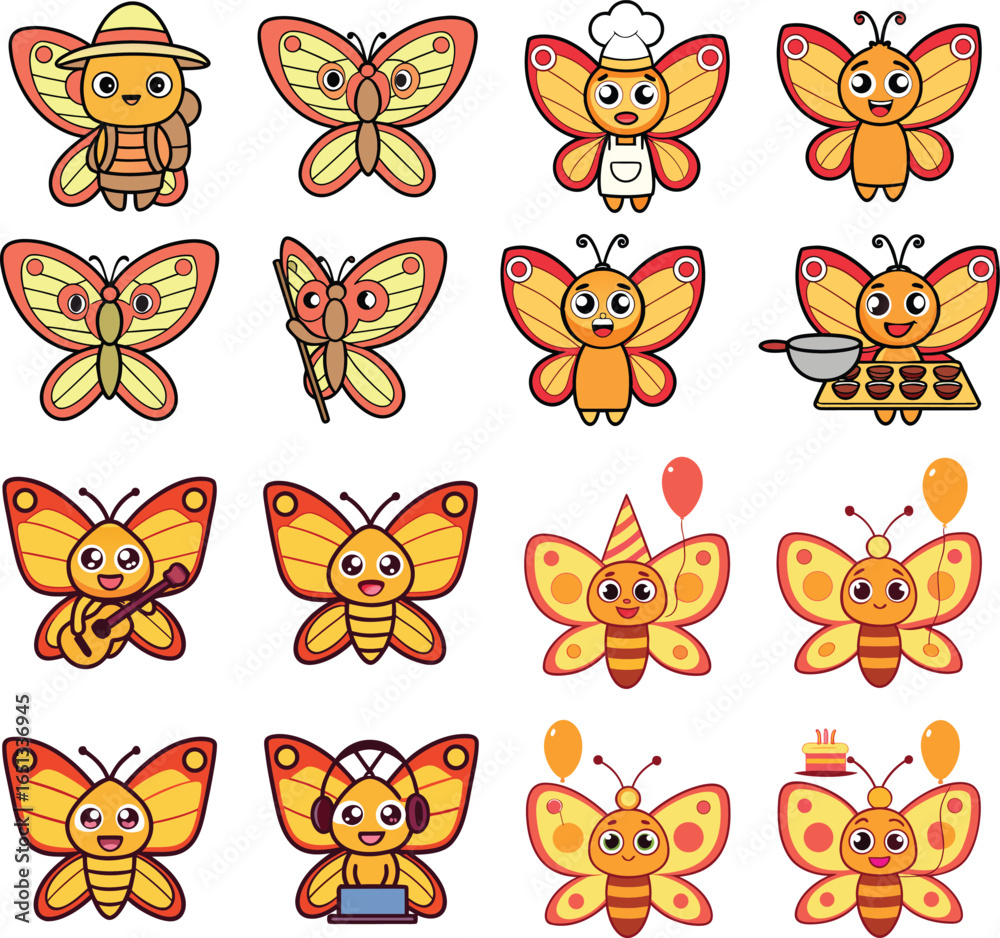 Obraz premium Collection of Cute Cartoon Butterfly Characters Depicting Various Professions and Celebrations Perfect for Childrens Books and Animated Content with Vibrant Colors and Playful Designs