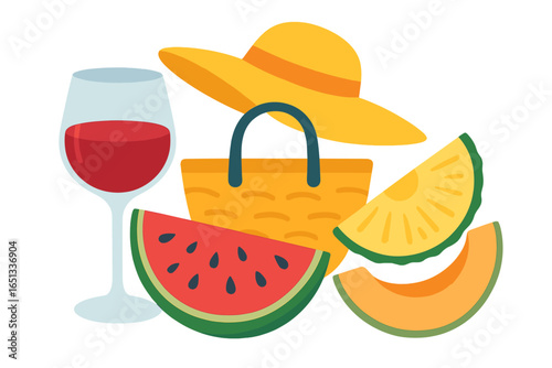 Illustration of a coastal summer scene featuring beach elements and accessories ideal for vacation and travel themed designs and various creative projects