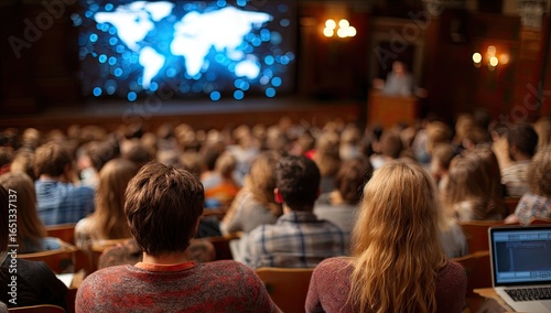 Large audience in lecture hall, world map projected