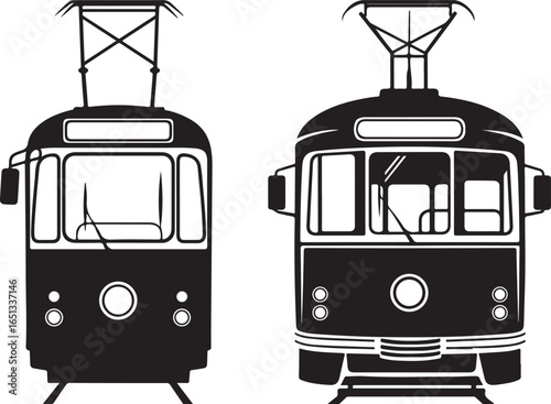 Black and white tram vector illustration, front view