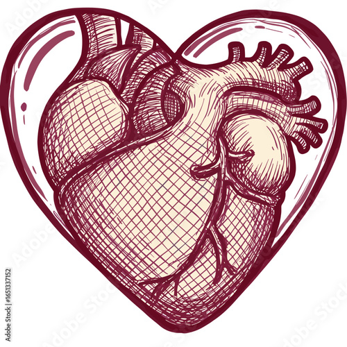 Anatomical heart illustration within a heart-shaped outline  