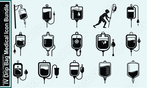Essential IV drip and medical icon collection, depicting crucial healthcare and hospital patient treatment, ideal for illustrating fluid therapy and medical procedures.