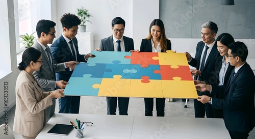 Eight professionals in business attire stand around a table, holding a large, completed jigsaw puzzle with blue, yellow, and red pieces, AI Generated.