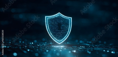 cybersecurity flat lay background with glowing shield hologram