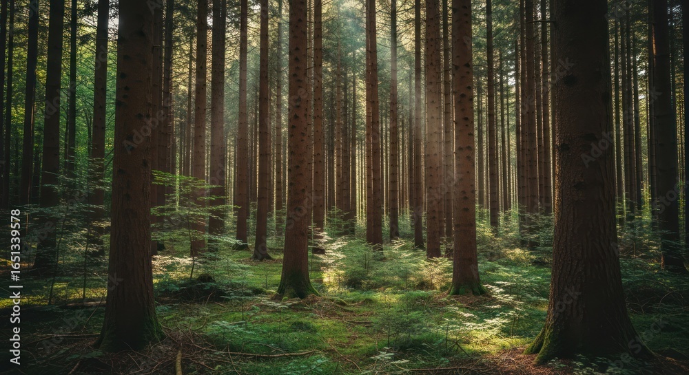 Obraz premium Forest scene with tall trees, green ground cover, and sunlight filtering through