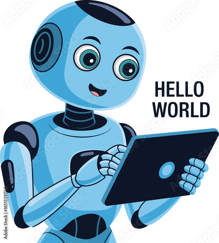 A charming cartoon robot holding a tablet with a 'Hello World' message, representing AI and programming. Vector illustration.