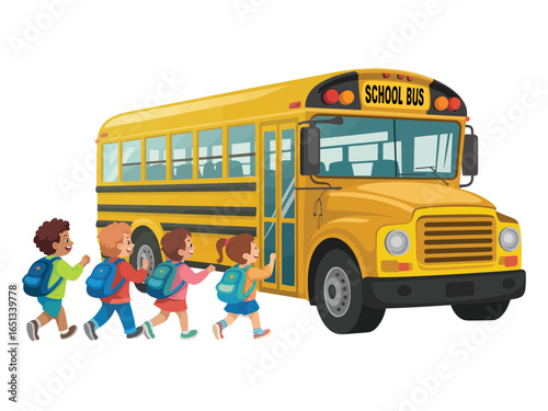 Charming Cartoon Illustration of Diverse Children Boarding a Yellow School Bus