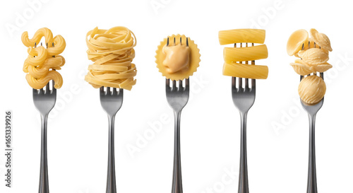 Five forks holding different types of cooked pasta noodles and shapes isolated on transparent background