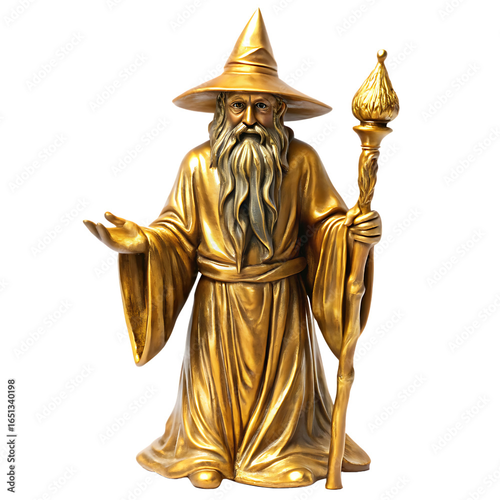 Obraz premium Golden wizard sculpture art isolated on white background PNG.AI Generated.