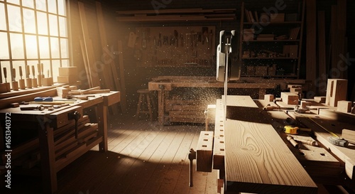 Golden Sawdust Dances in Sunbeams of an Artisanal Woodworking Sanctuary