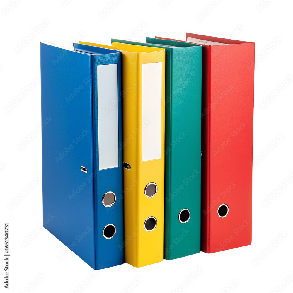 Fototapeta premium Colorful office binders in blue yellow green red for organized document storage solutions