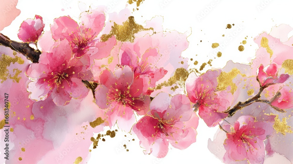 Obraz premium Elegant Watercolor Cherry Blossom with Golden Accents for Unique Prints and Stylish Wallpapers