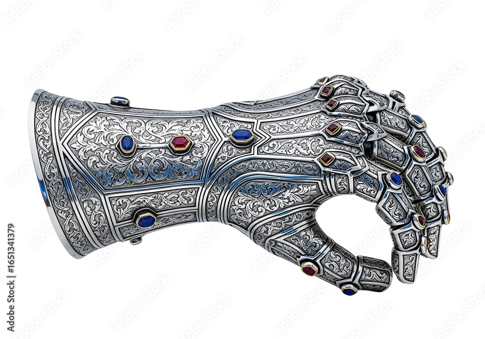 Obraz premium Intricately Designed Silver Hand Jewelry with Gemstones and Artistic Carving