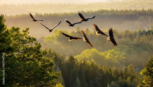 a flock of eagles soaring high above a sprawling forest their sharp eyes surveying the land below the early morning light illuminates their powerful wings emphasizing