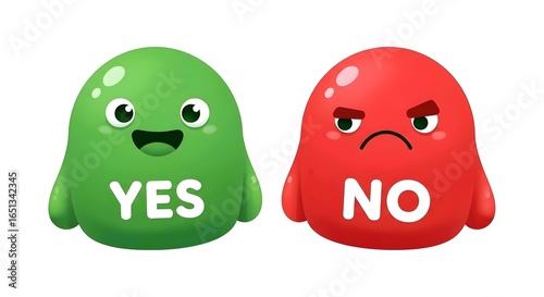 Two cartoon characters, one green with a smile and 'YES', the other red with a frown and 'NO', against a white background, conveying opposing emotions. AI Generated.