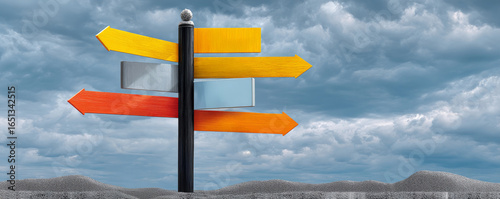 Colorful Tourist Road Sign With Multiple Directional Arrows Under A Moody Gray Sky