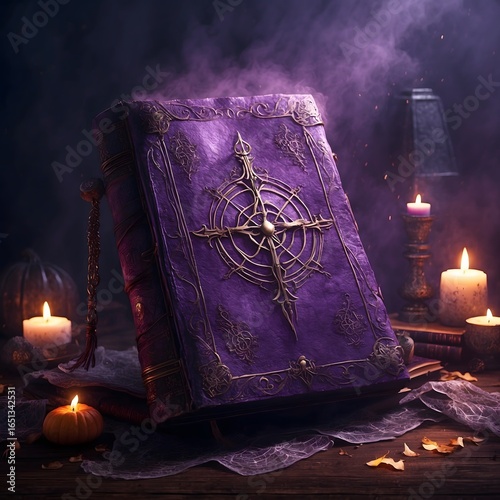 Ancient Spell Book with Glowing Runes and Mist